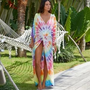 Surf Gypsy Rainbow Tie Dye Twist Front Coverup, Size Large